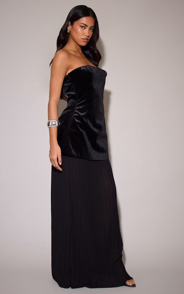 Black Velvet Bandeau Pleated Chiffon Skirt Panel Maxi Dress