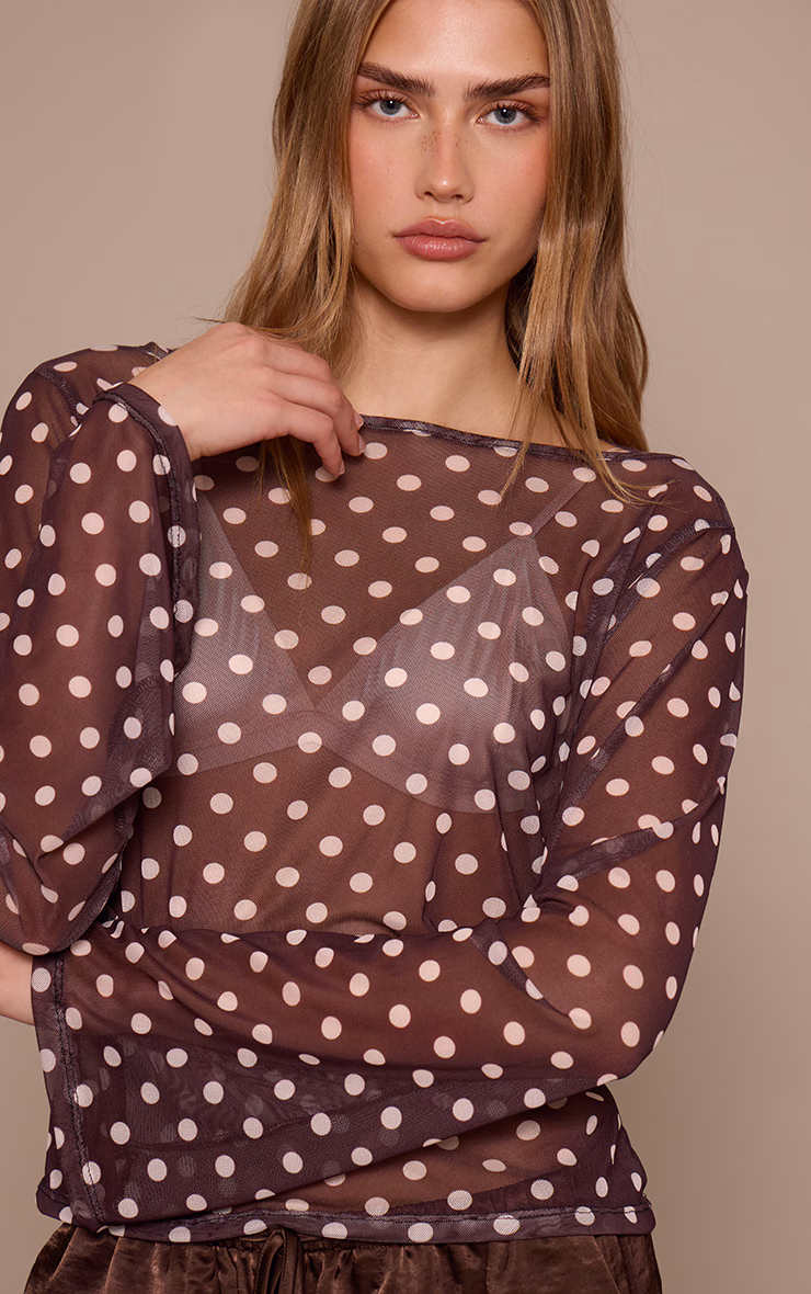 Chocolate Mesh Flared Long Sleeve Top