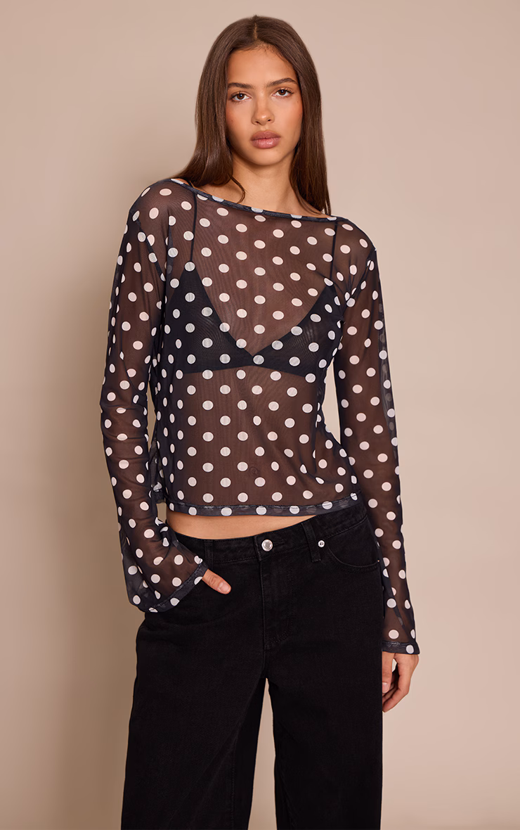Black Polka Dot Mesh Flared Long Sleeve Top