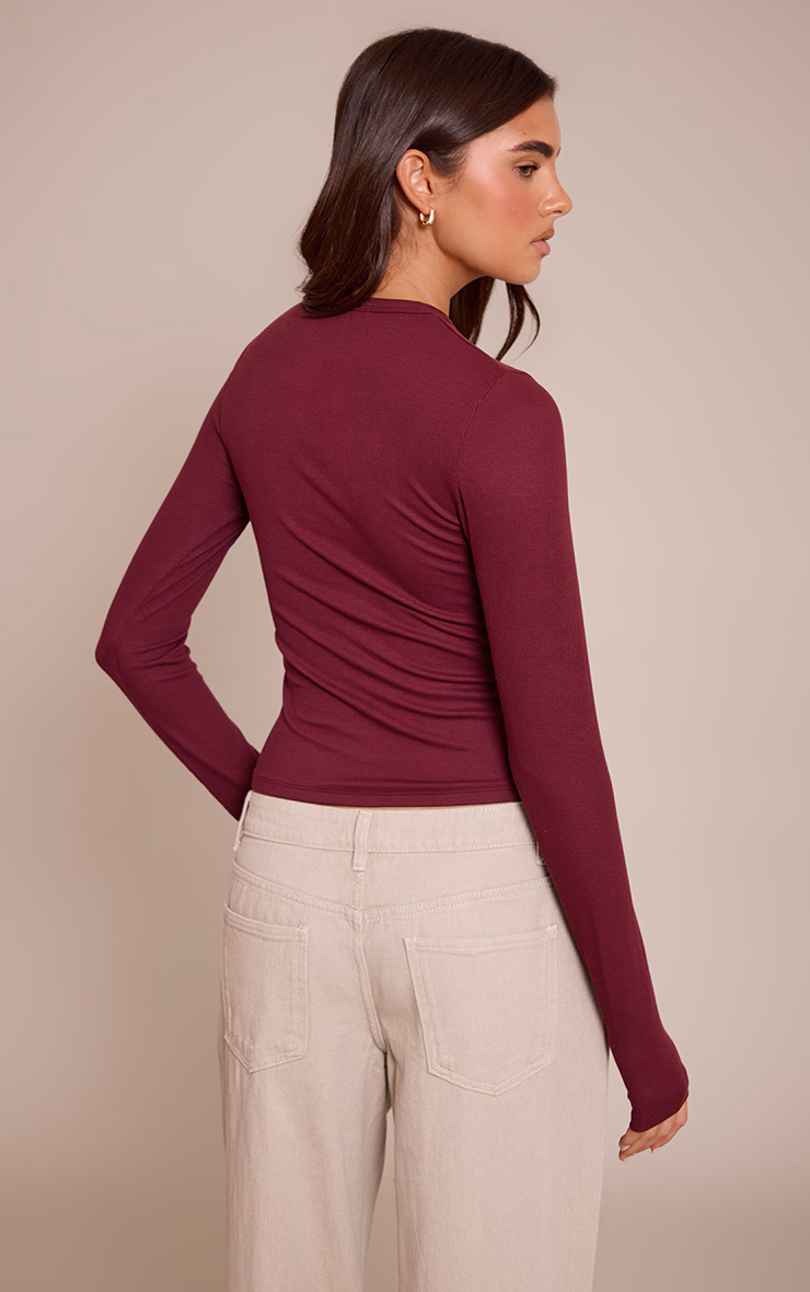 Wine Soft Rib Button Down Long Sleeve Top