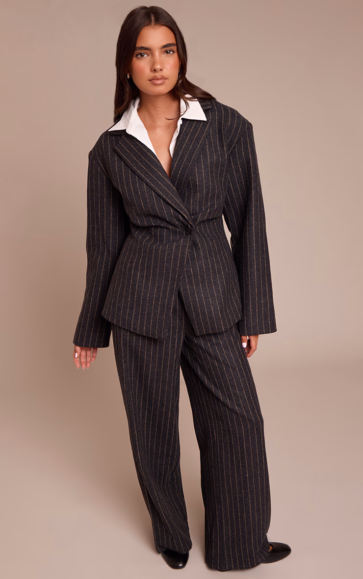 Charcoal Grey Brushed Pinstripe Cinched Waist Blazer