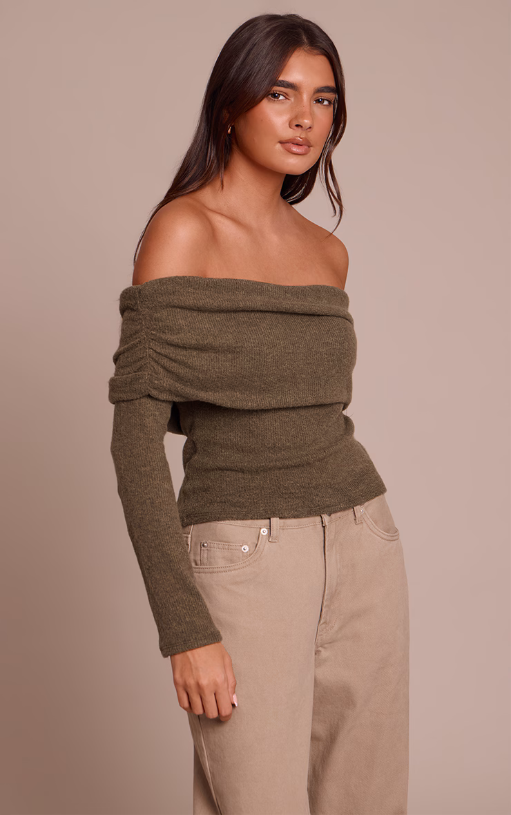 Olive Textured Wool Look Fold Over Detail Long Sleeve Top