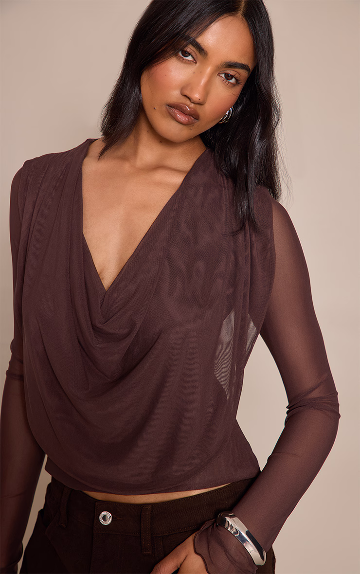 Chocolate Mesh Cowl Long Sleeve Top