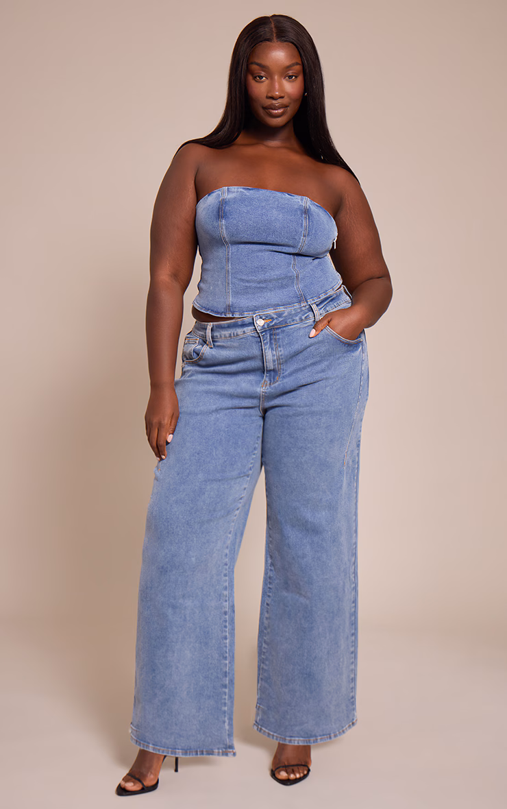 Plus Mid Blue Wash Adjustable Elasticated Bandeau Corset Top