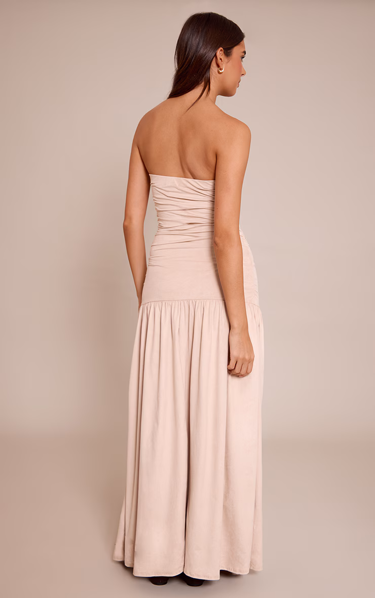 Taupe Faux Suede Bandeau Dropped Waist Maxi Dress