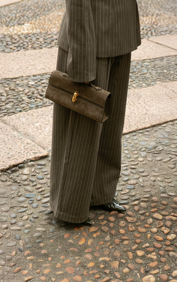 Khaki Pinstripe Pleated Straight Leg Pants