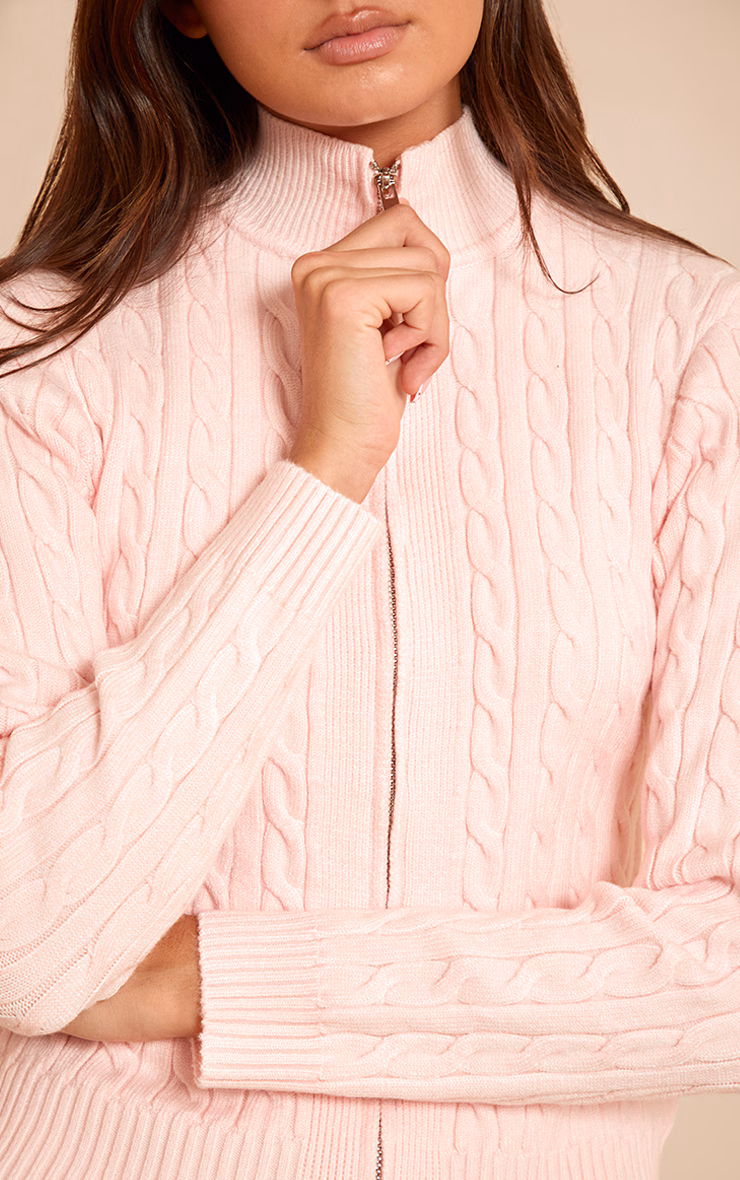 Pink Cable Knit Long Sleeve Zip Up Sweater