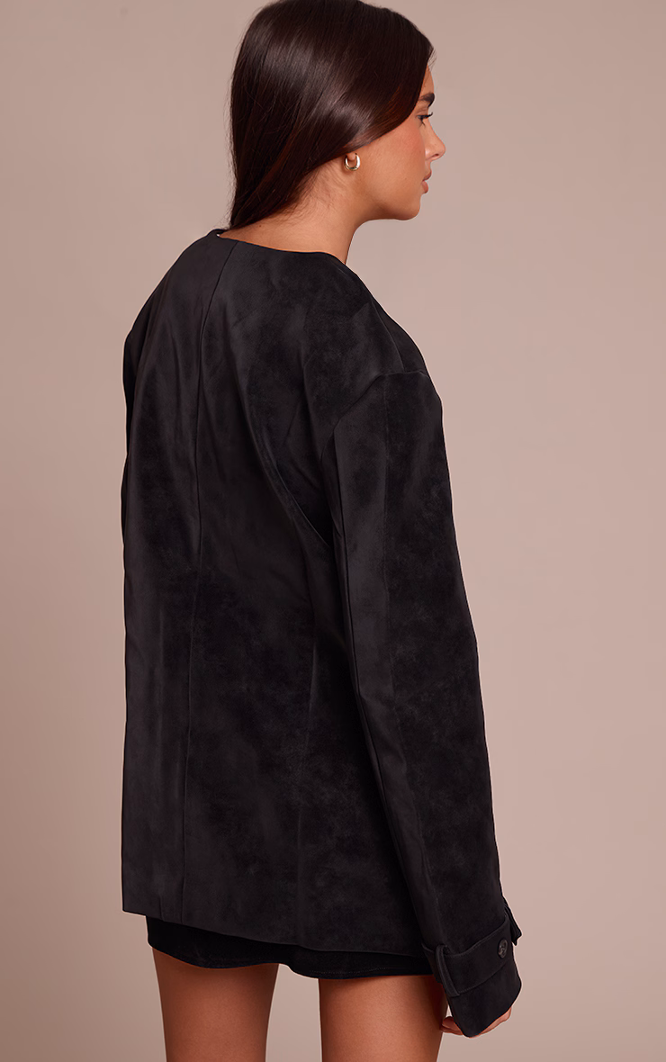 Black Collarless Button Detail Faux Suede  Jacket