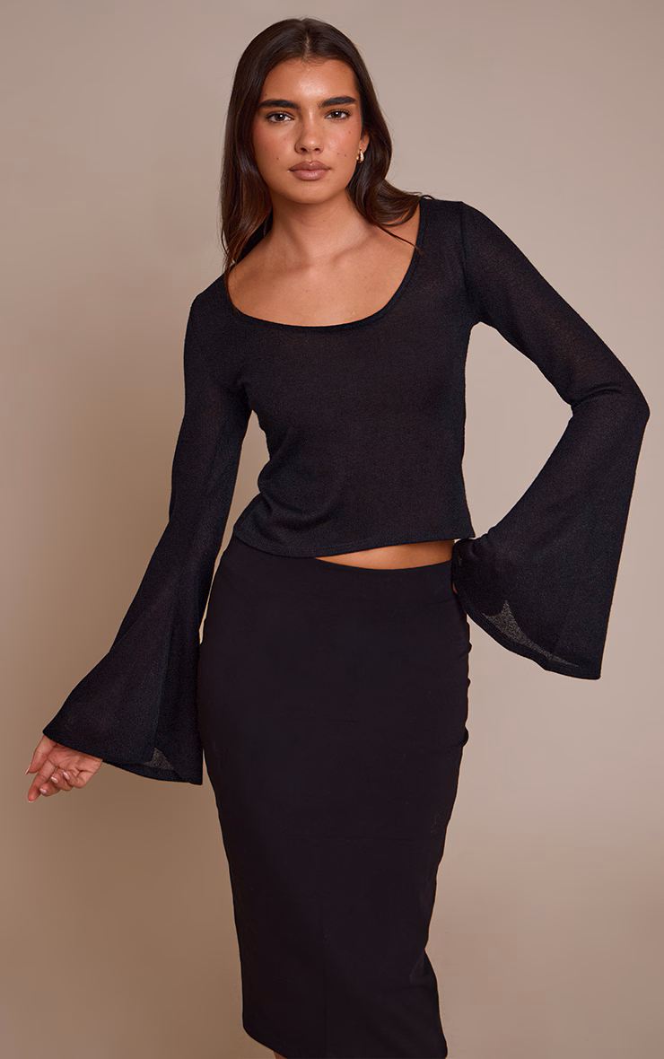 Black Textured Jersey Scoop Neck Flared Long Sleeve Top