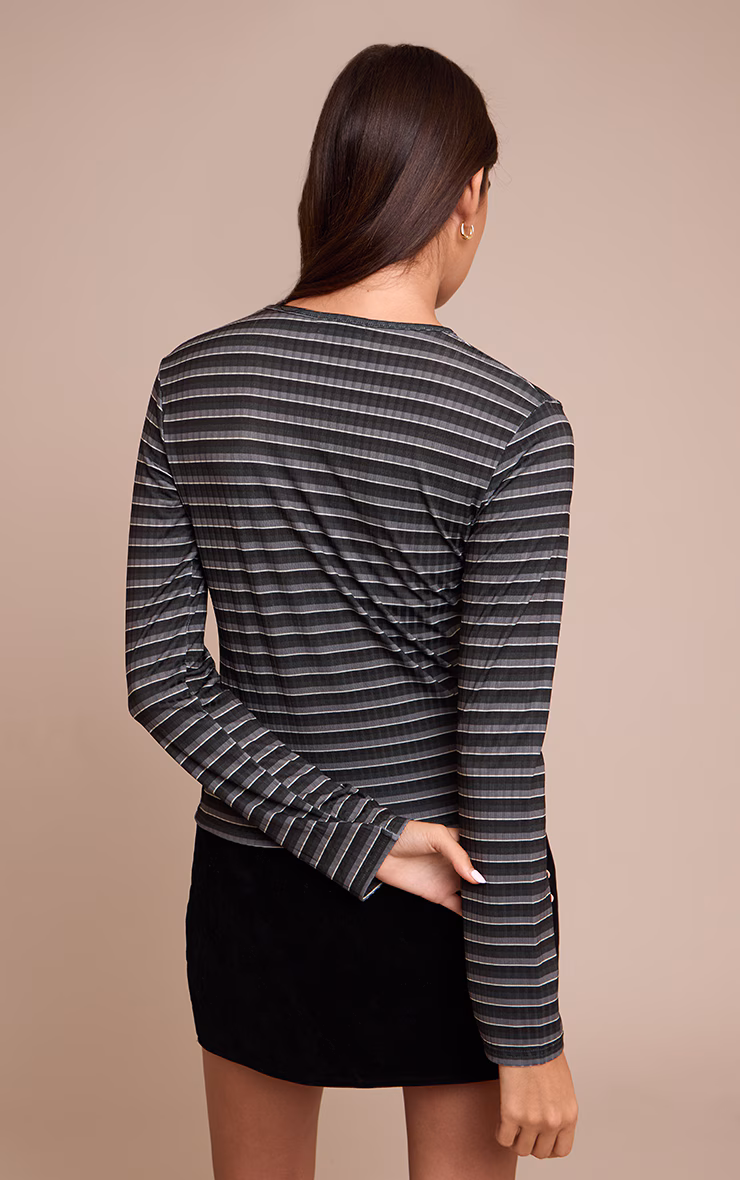 Khaki Stripe Rib Button Down Long Sleeve Top