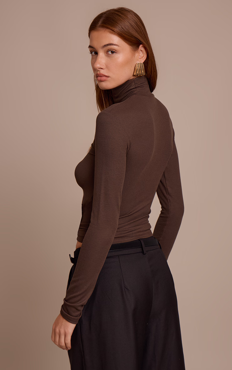 Dark Chocolate Soft Rib High Neck Fitted Long Sleeved Top