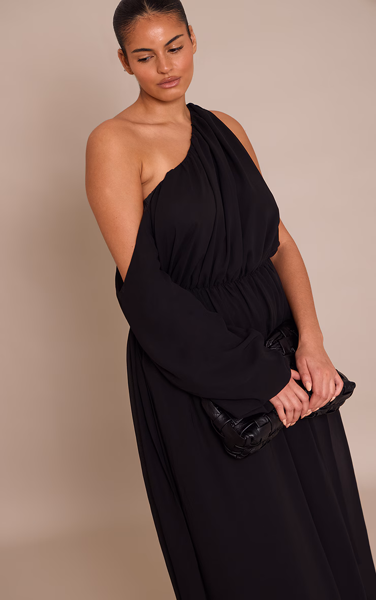 Plus Black Chiffon Drape Long Sleeve Maxi Dress