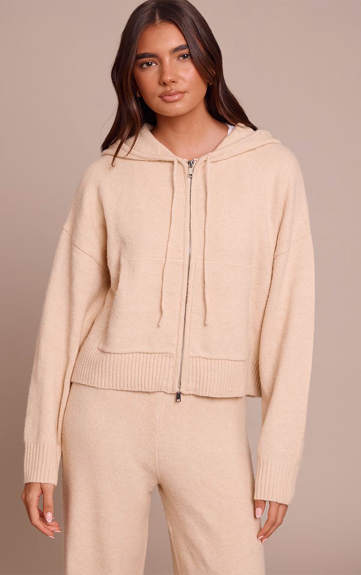 Beige Zip Through Knitted Hoodie