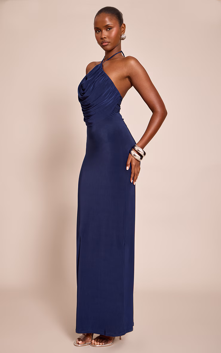 Navy Slinky Halterneck Draped Detail Maxi Dress