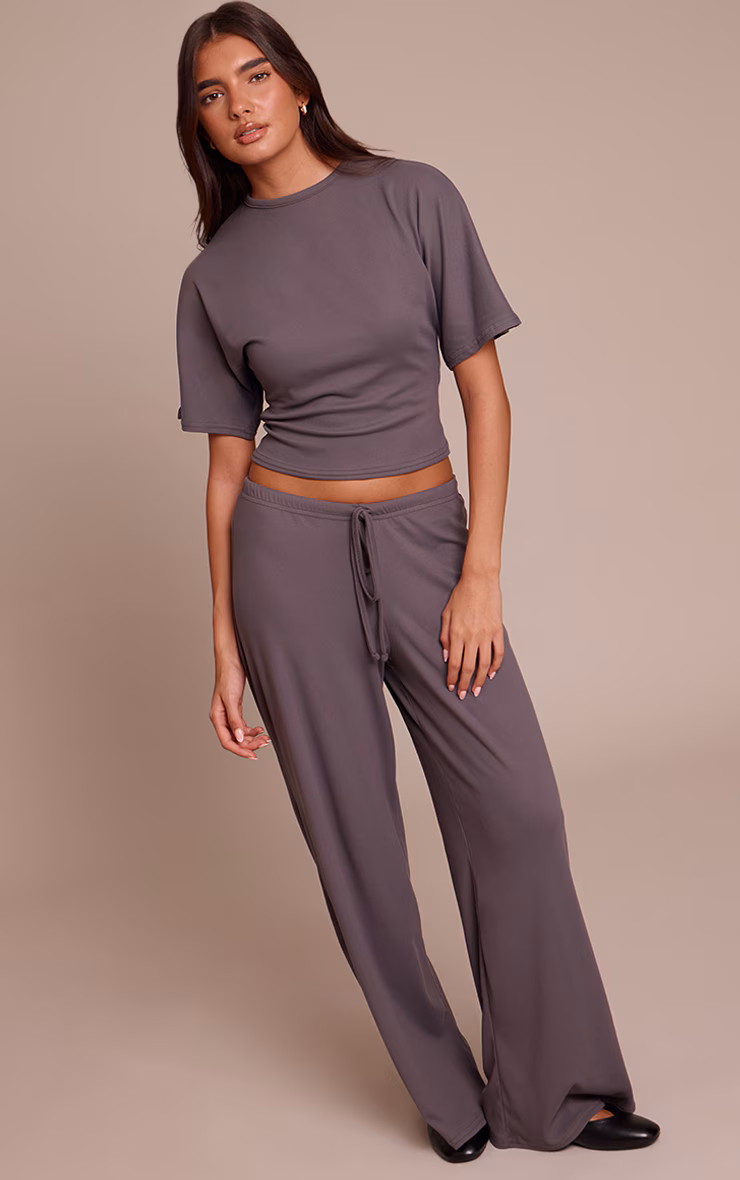 Charcoal Grey Soft Touch Tie Waist Casual Pants