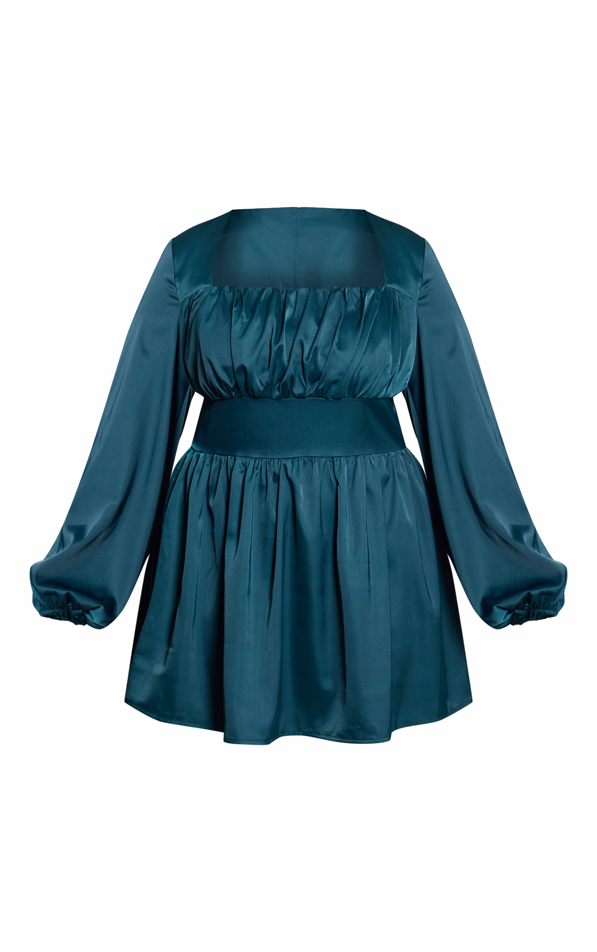 Plus Emerald Green Satin Ruched Cup Puff Sleeve Mini Dress