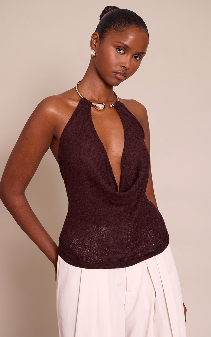 Chocolate Gold Cuff Detail Knitted Top