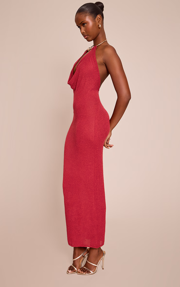 Burgundy Gold Cuff Detail Knitted Maxi Dress