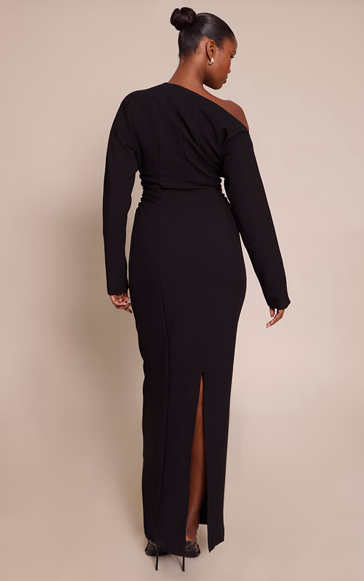 PLT Label Black Asymmetric Batwing Sleeved Cinched Waist Maxi Dress
