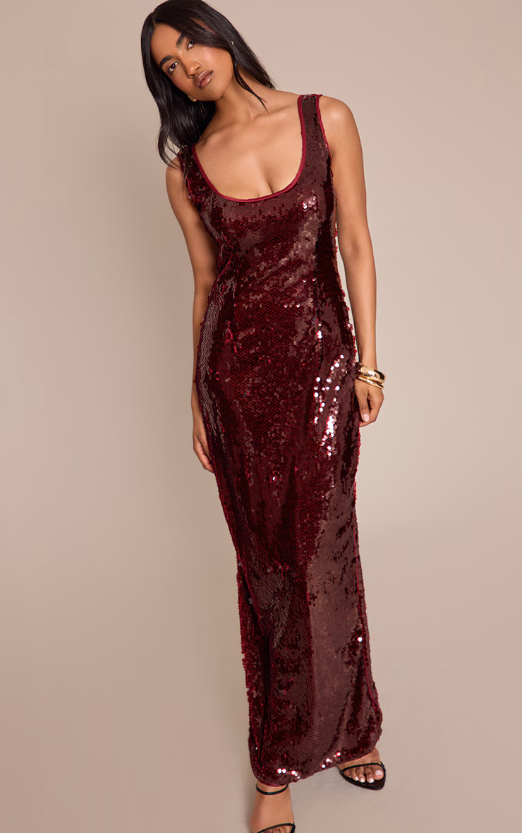 Wine Sequin Scoop Neck Sleeveless Maxi Dress