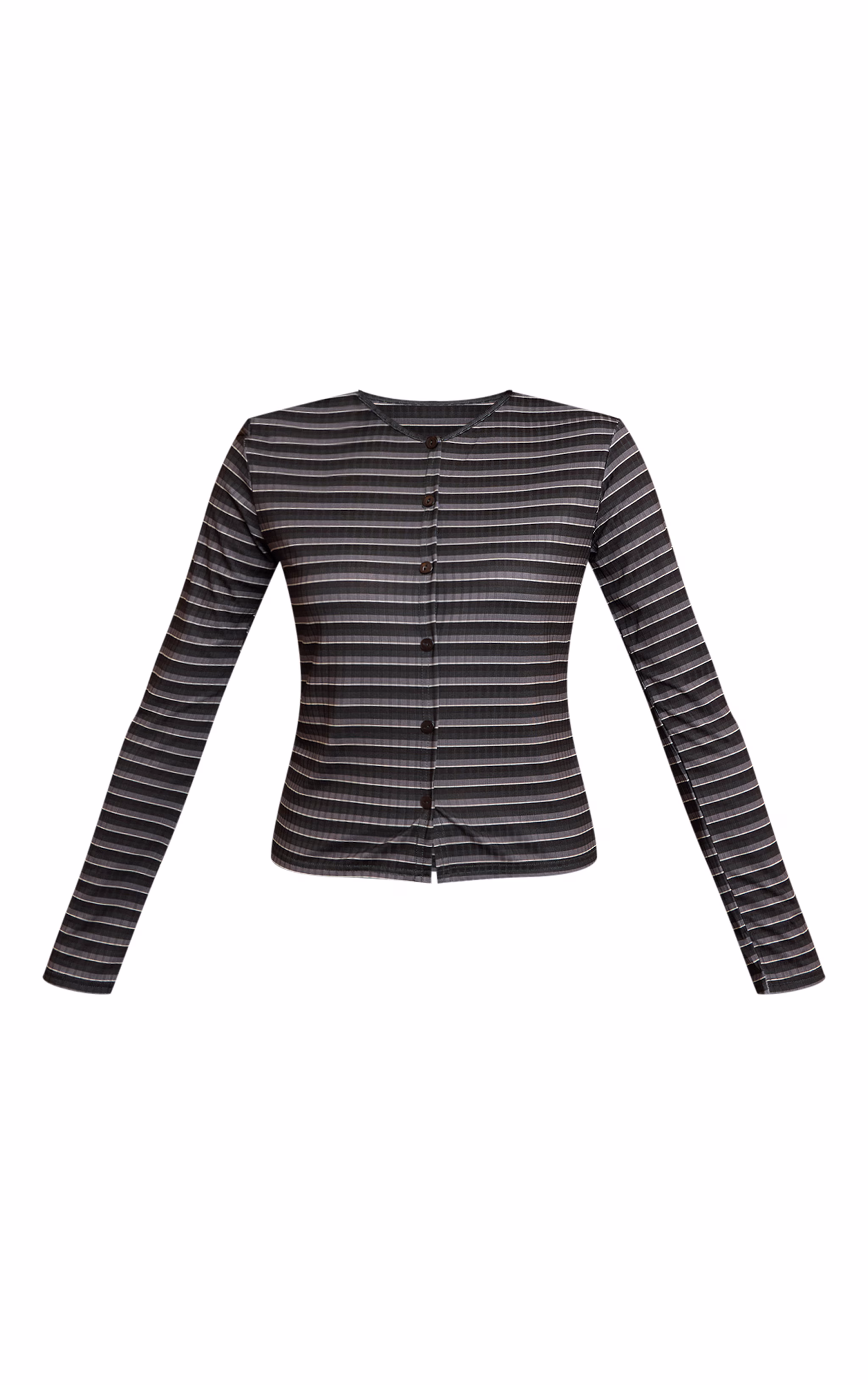 Khaki Stripe Rib Button Down Long Sleeve Top