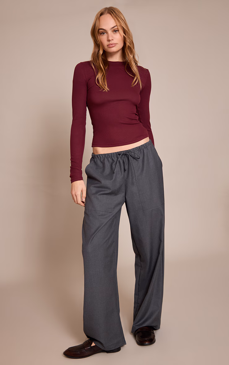 Wine Soft Rib Crew Neck Long Sleeve Top