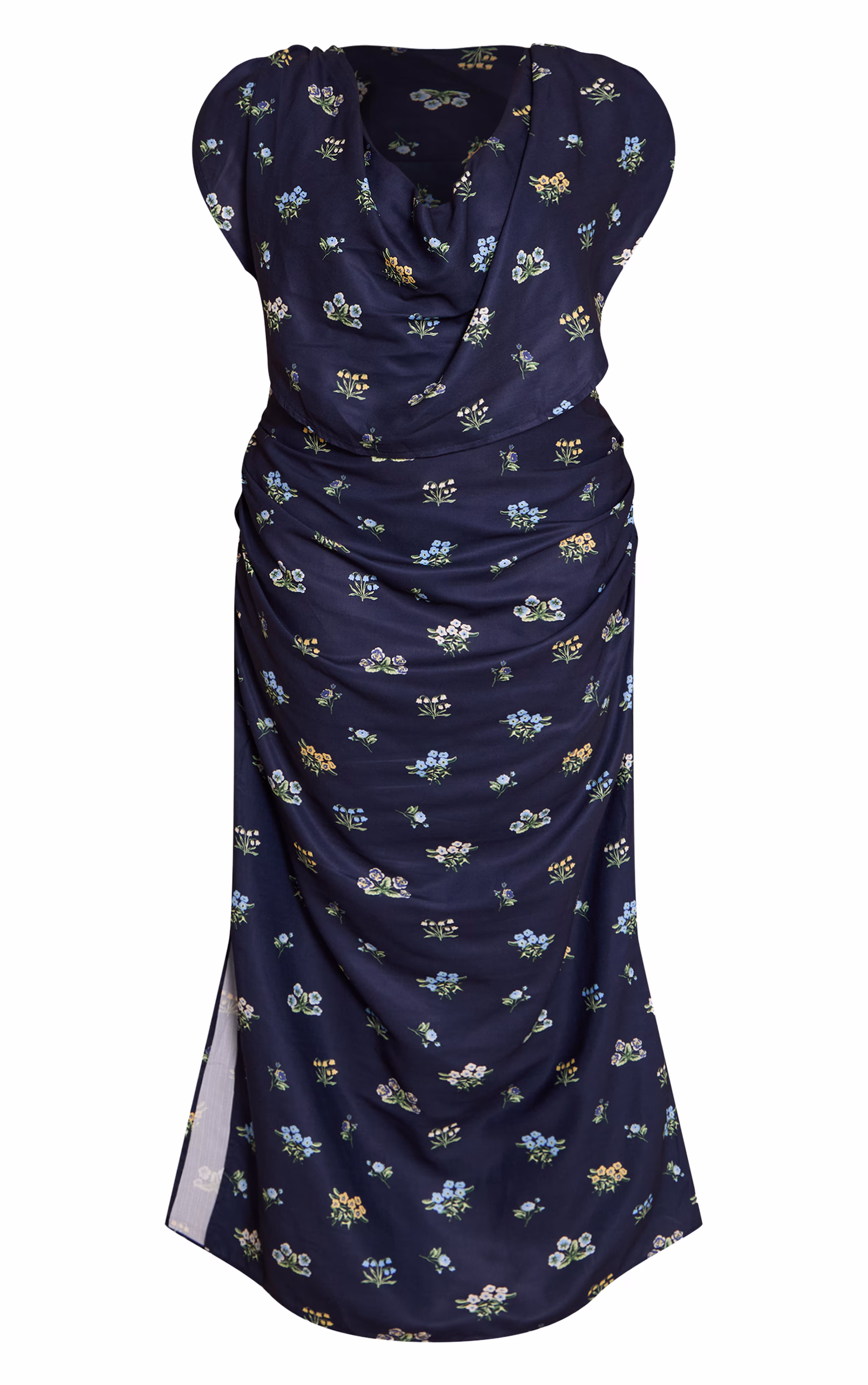 Plus Navy Floral Extreme Cowl Ruched Detail Maxi Dress