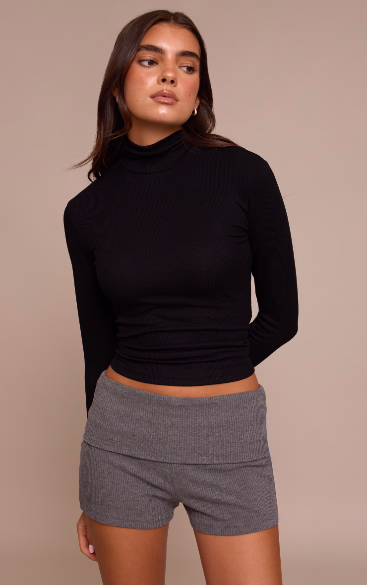 Charcoal Thick Rib Fold Over Detail Hotpant