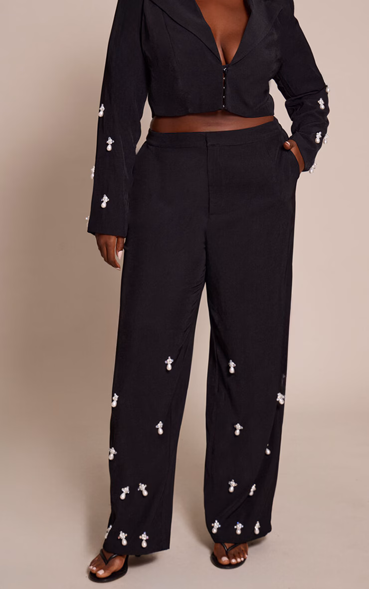 Plus Black Woven Embellished High Waist Wide Leg Pant