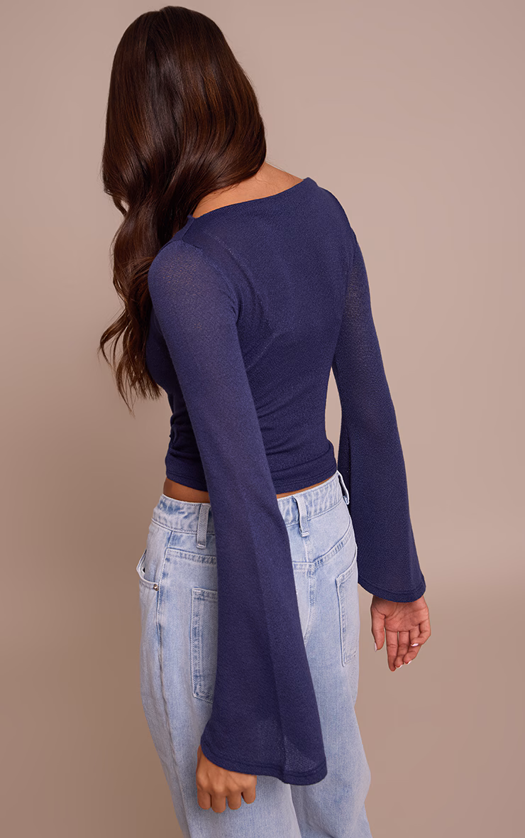 Navy Textured Extreme Flute Sleeve Long Top