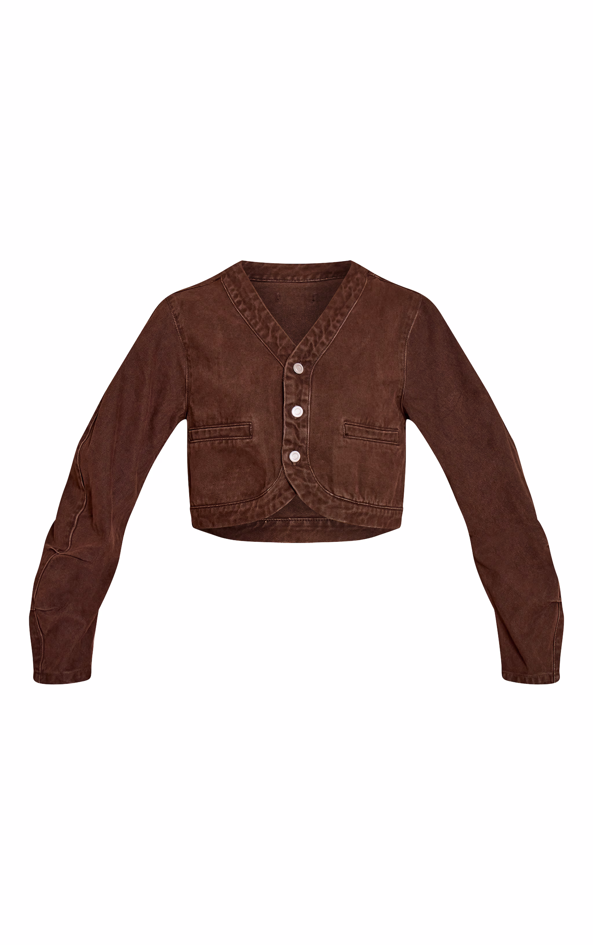 Chocolate V Neck Curved Hem Cropped Denim Jacket