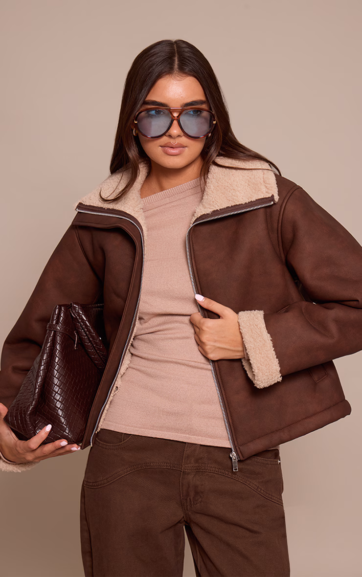 Tan Borg Lining Funnel Neck Aviator