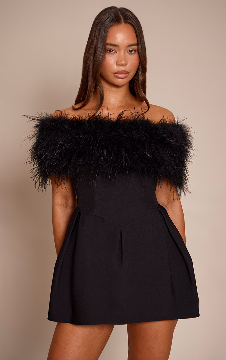 Premium Black Woven Feather Bardot Tulip Mini Dress