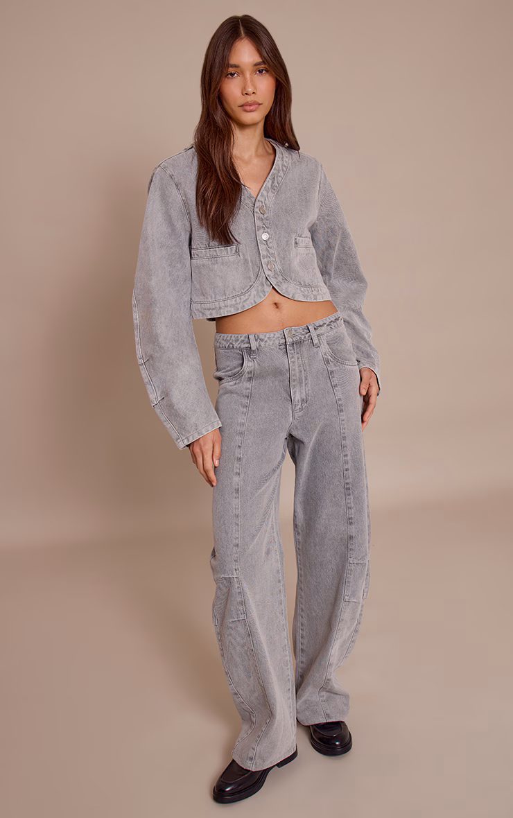 Grey Mid Rise Seam Detail Barrel Jeans