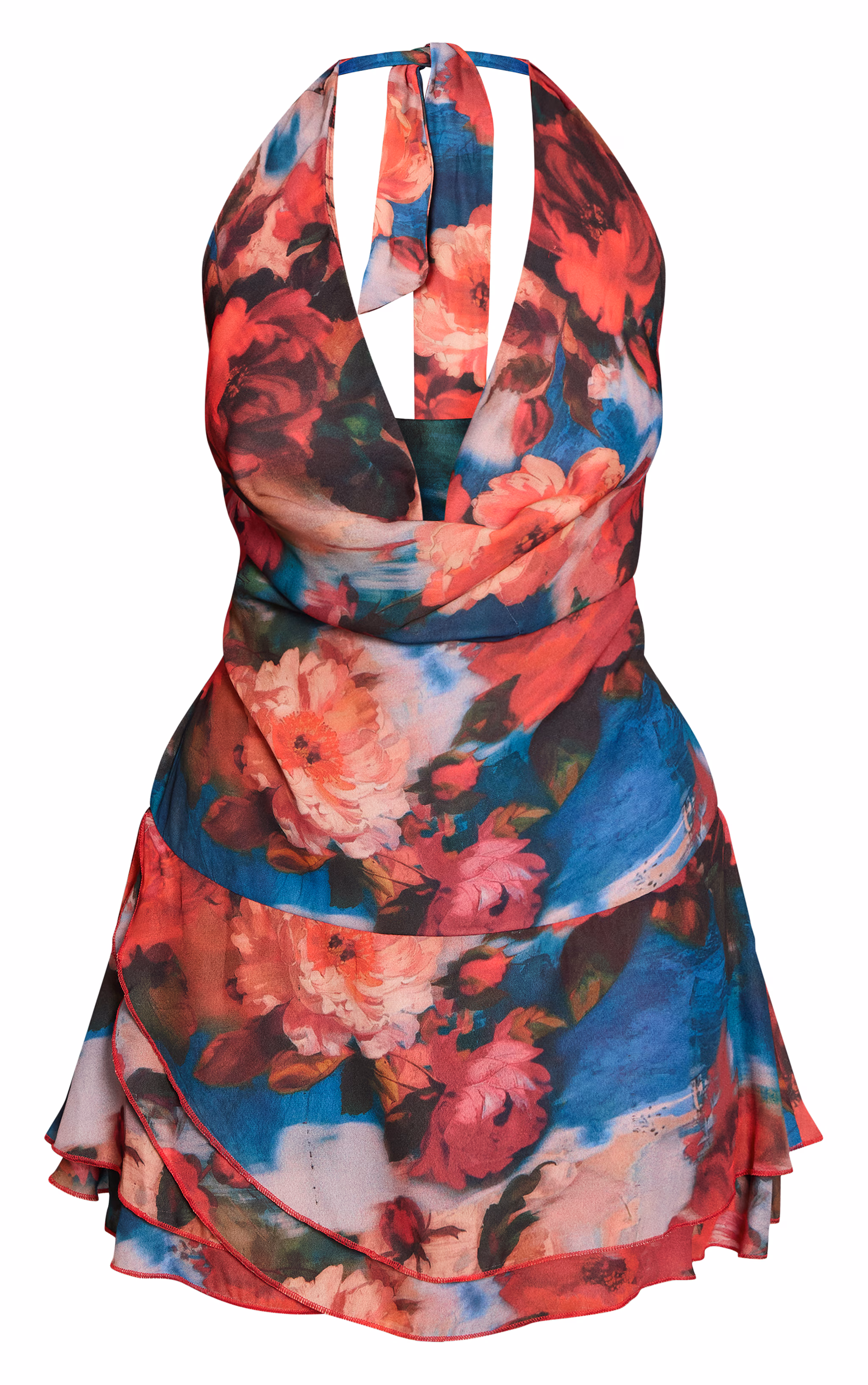 Floral Print Chiffon Cowl Neck Ruched Mini Dress