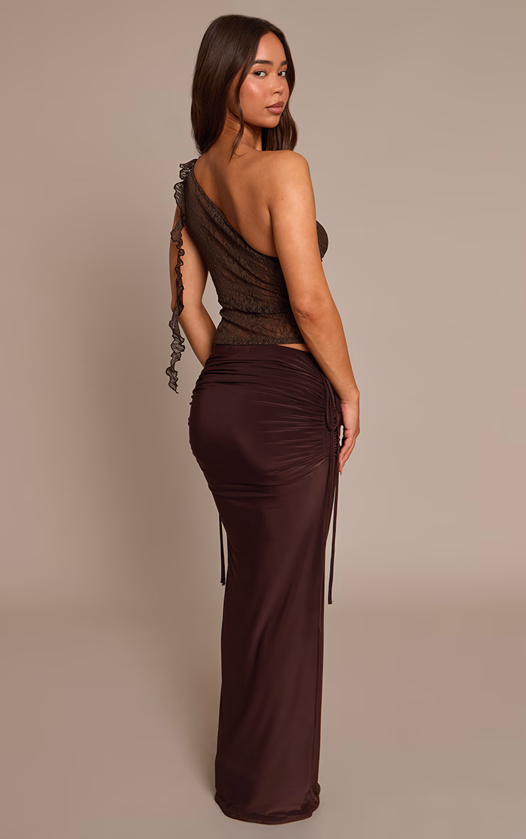 Dark Chocolate Double Layer Slinky Ruched Side Maxi Skirt