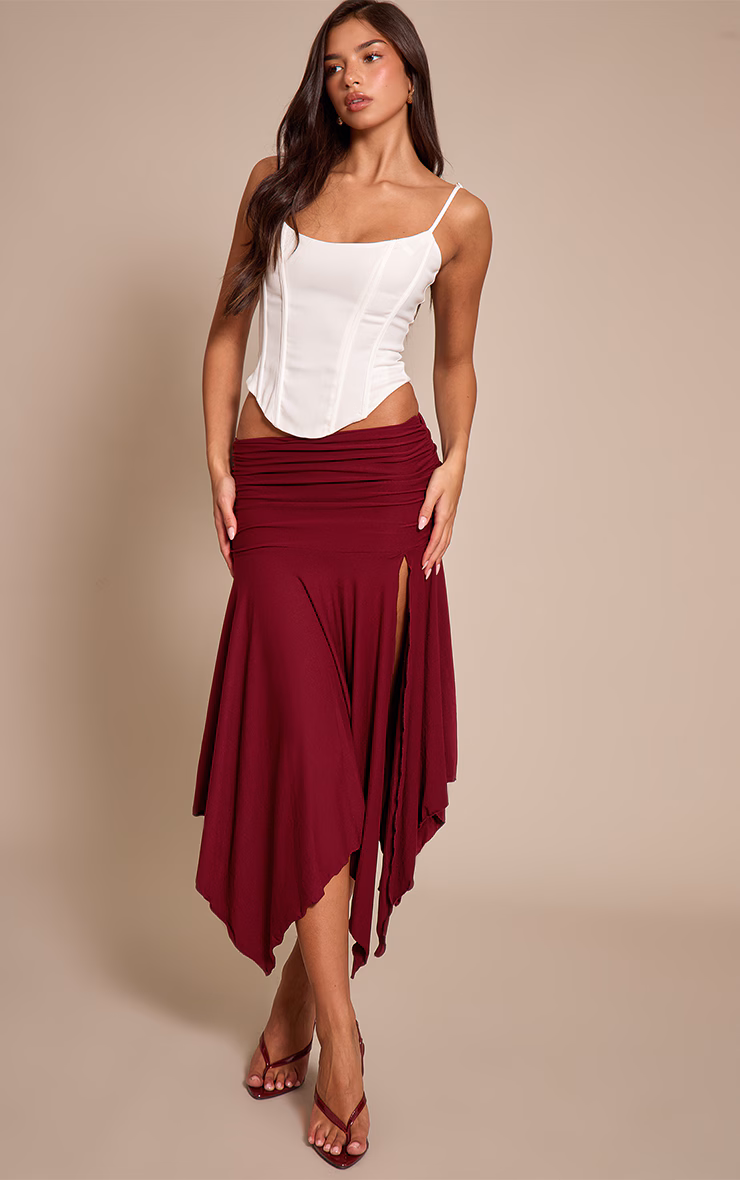 Plum Soft Touch Ruched Asymmetric Midi Skirt