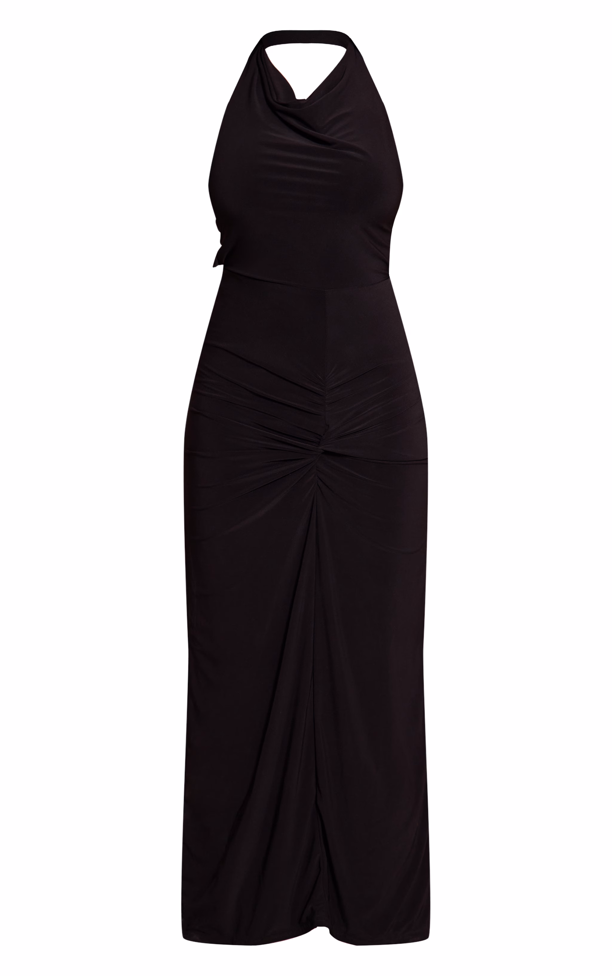 Shape Black Halter Neck Tie Back Gold Trim Cowl Maxi Dress