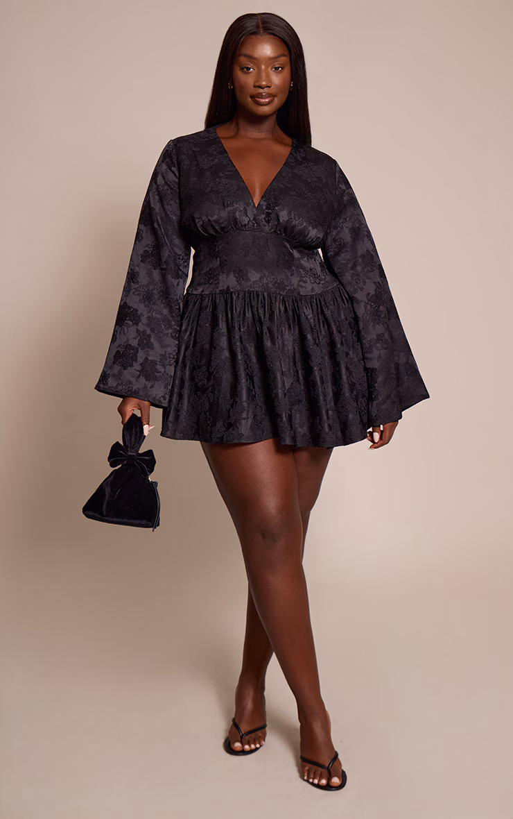 Plus Black Floral Jacquard Flute Sleeve Mini Dress