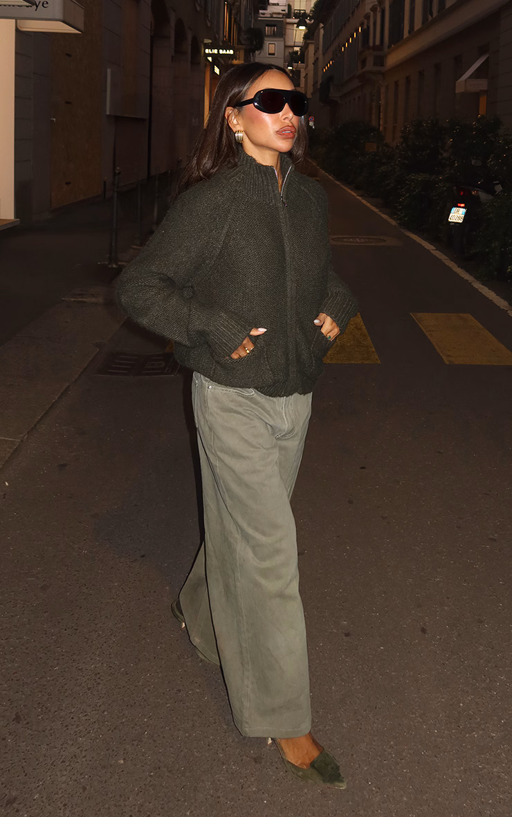 Olive Zip Up Pocket Detail Knitted Cardigan