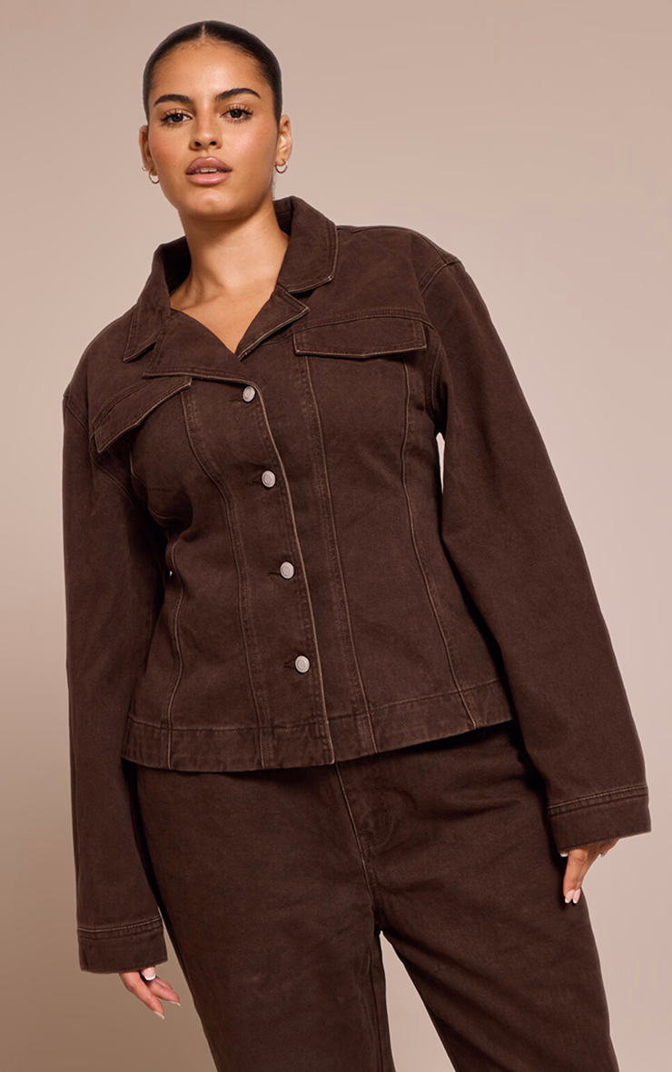 Plus Dark Chocolate Cinched Waist Denim Blazer
