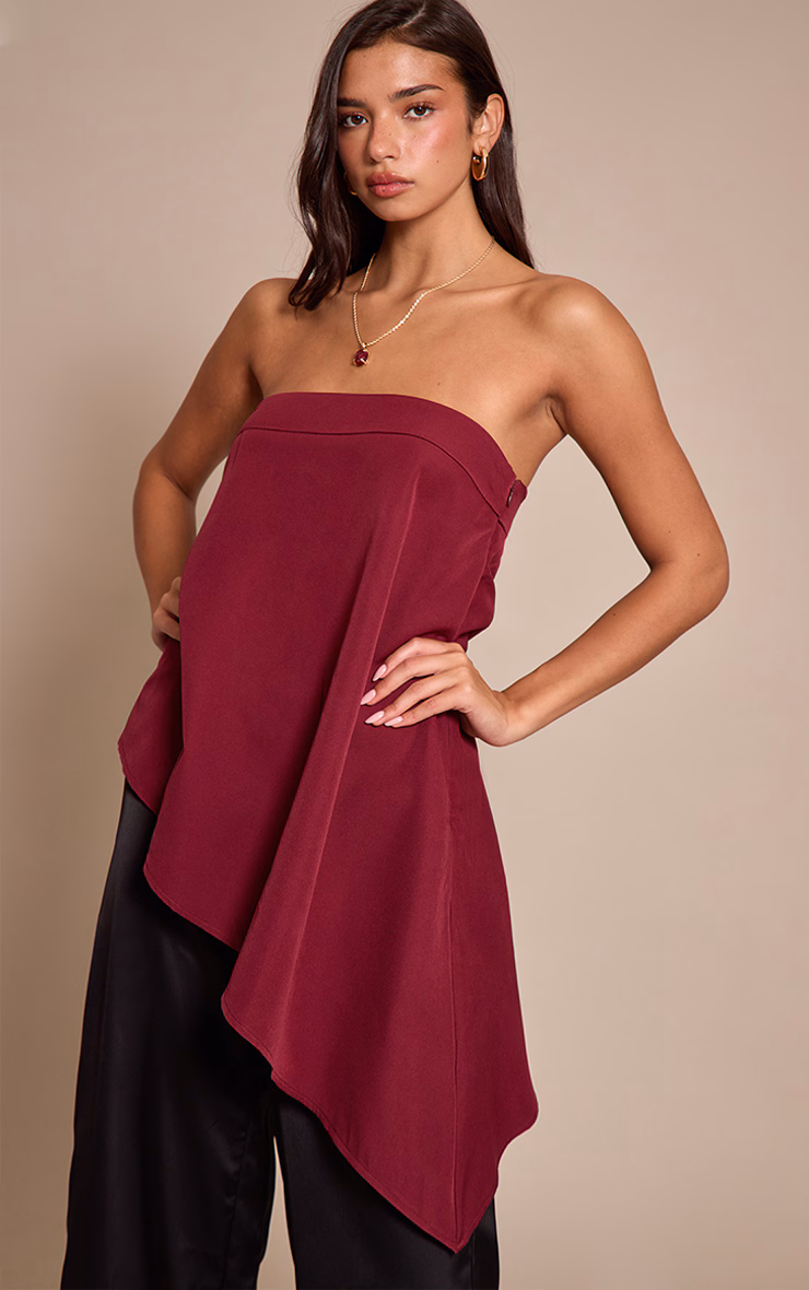 Wine Woven Bandeau Asymmetric Hem Floaty Long Top