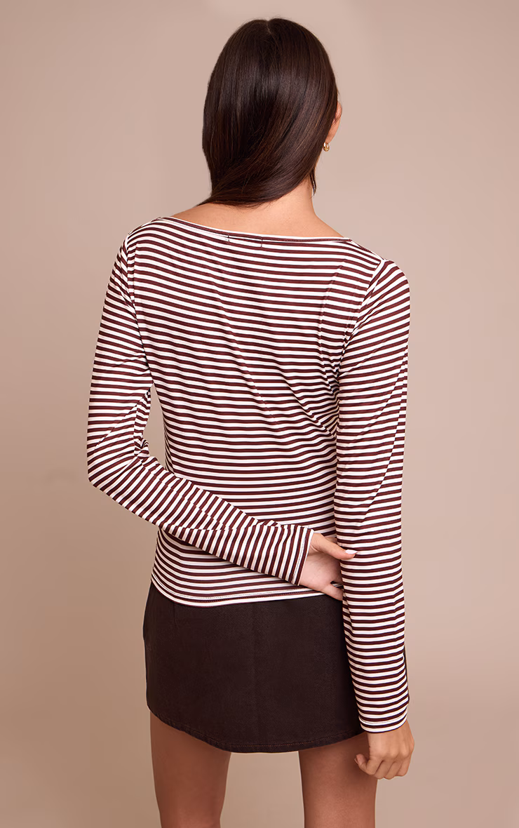 Burgundy Stripe Boat Neck Long Sleeve Top