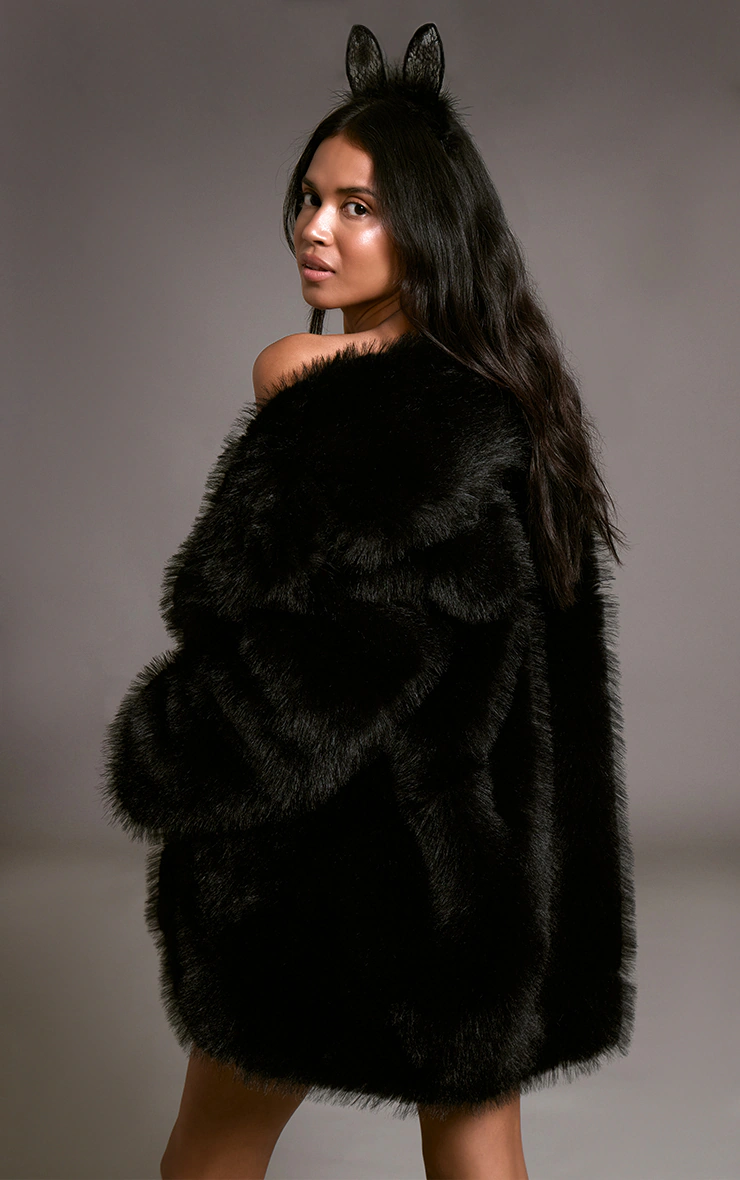 Black Oversized Midi Faux Fur Coat