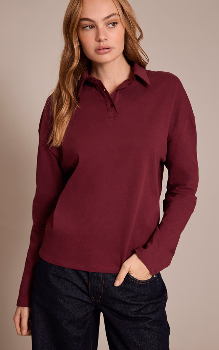Plum Cotton Polo Collar Long Sleeve Top
