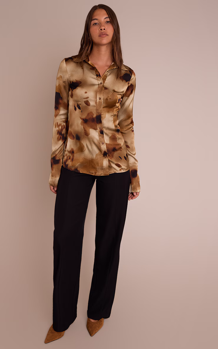 Brown Floral Abstract Print Satin Fitted Shirt