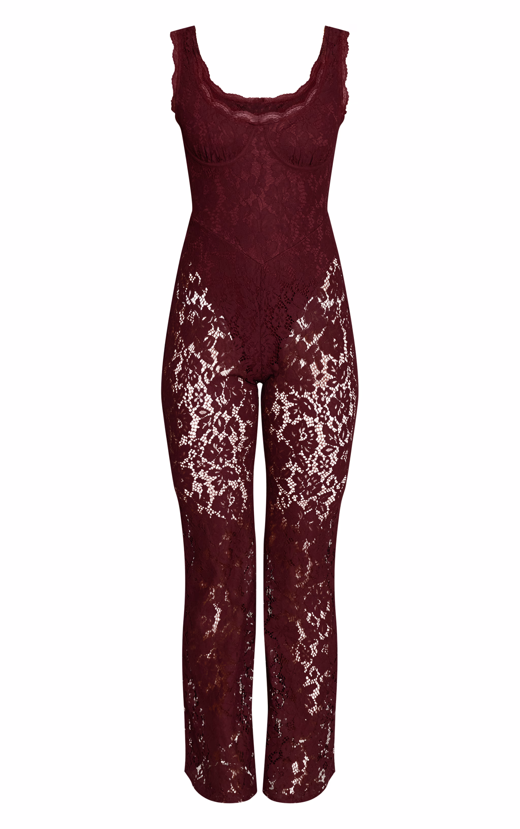 Plum Lace Boning Detail Strappy Flared Jumpsuit