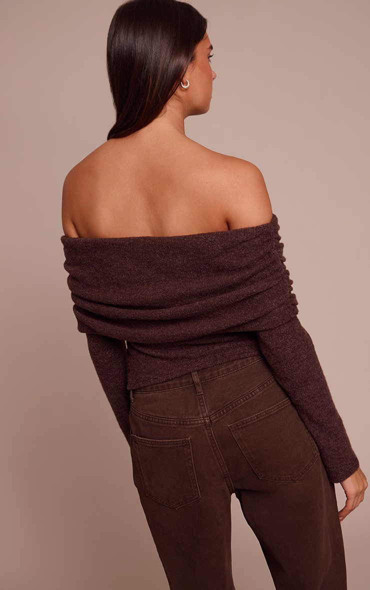 Chocolate Textured Wool Look Fold Over Detail Long Sleeve Top