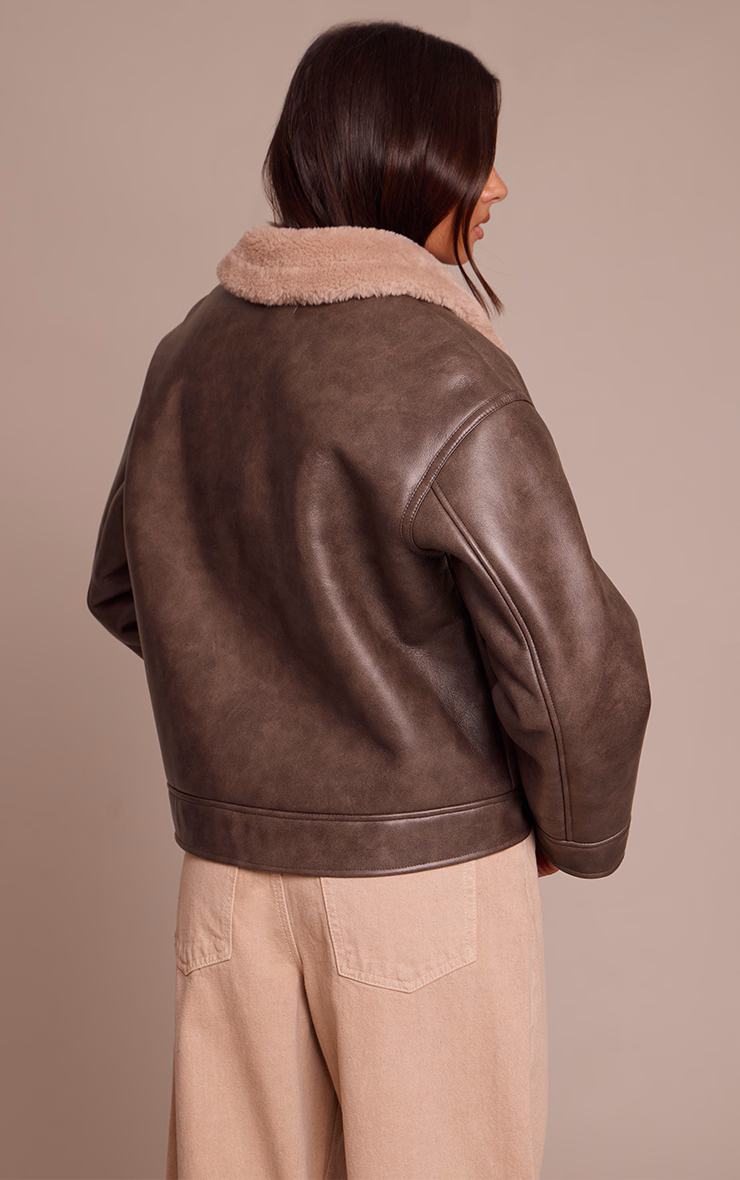 Brown Borg Collar Faux Leather Aviator