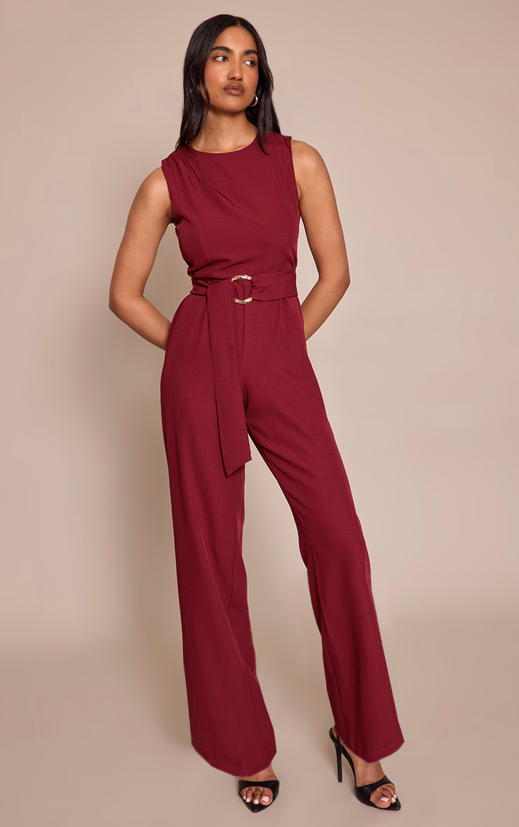 Burgundy Woven Crew Neck Belt Wide Leg Jumpsuit